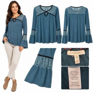 Maurices Womens Lace Bell Sleeve Top Blue Keyhole S